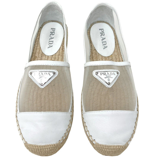 Prada Triangle Logo White Cap Toe Leather Mesh Round Toe Espadrilles Flats