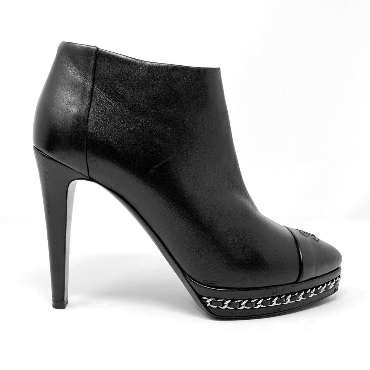 Chanel Black Leather Chain Heel Booties EU 38 CC Cap Toe Ankle Boots