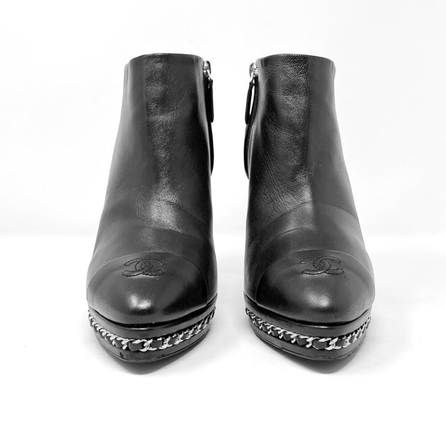 Chanel Black Leather Chain Heel Booties EU 38 CC Cap Toe Ankle Boots