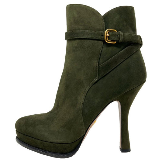 Prada Green Suede Platform Ankle Boots with Gold Buckle Size EU 40