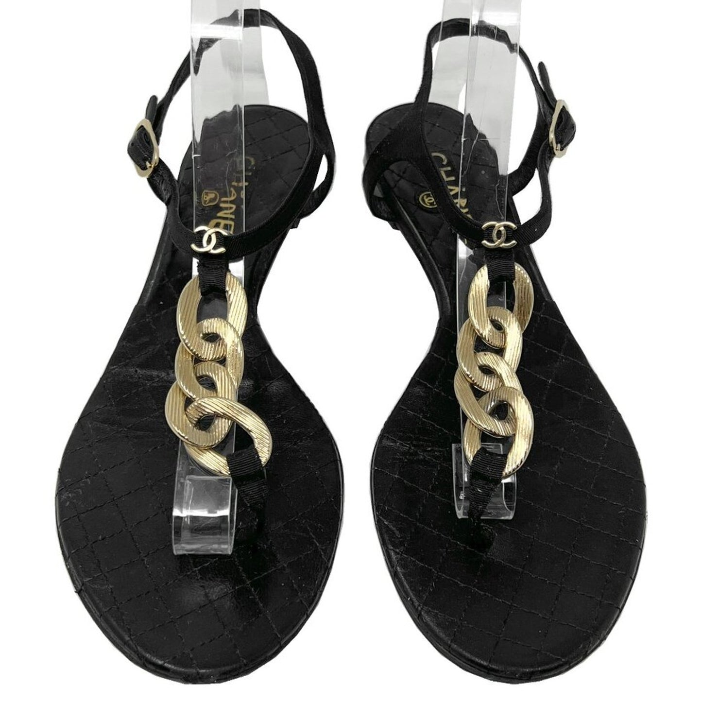 Chanel 09P Quilted Leather Gold Chain Thong Sandals Black Flat EU 38