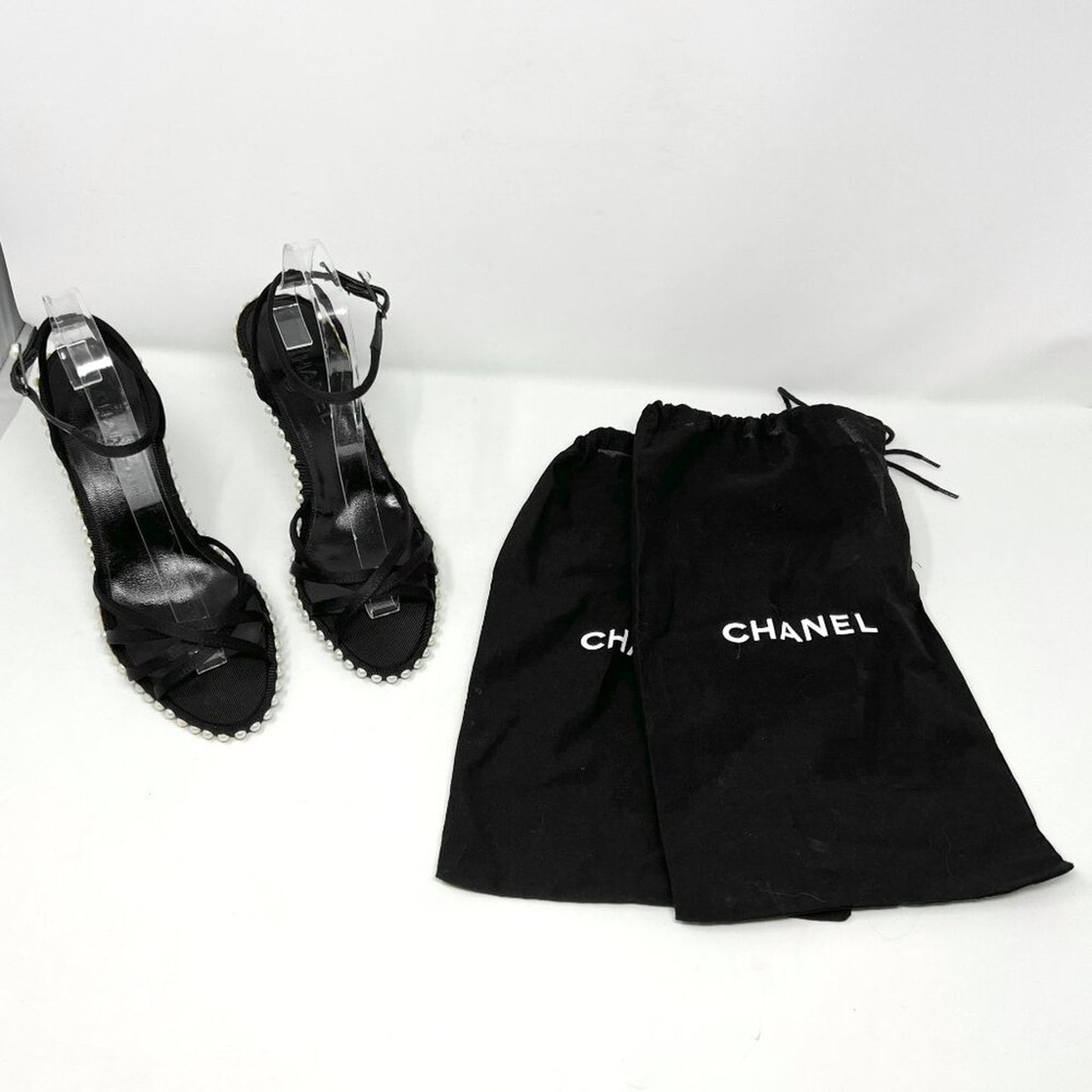 Chanel Vintage Black Satin Pearl-Lined Strappy Sandals – Size 38.5