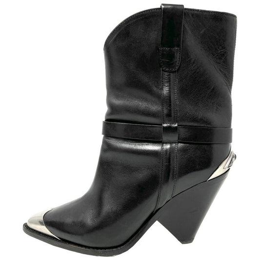 Isabel Marant Black Leather Metal Pointed Western Cowboy Mid Calf Heeled Boots