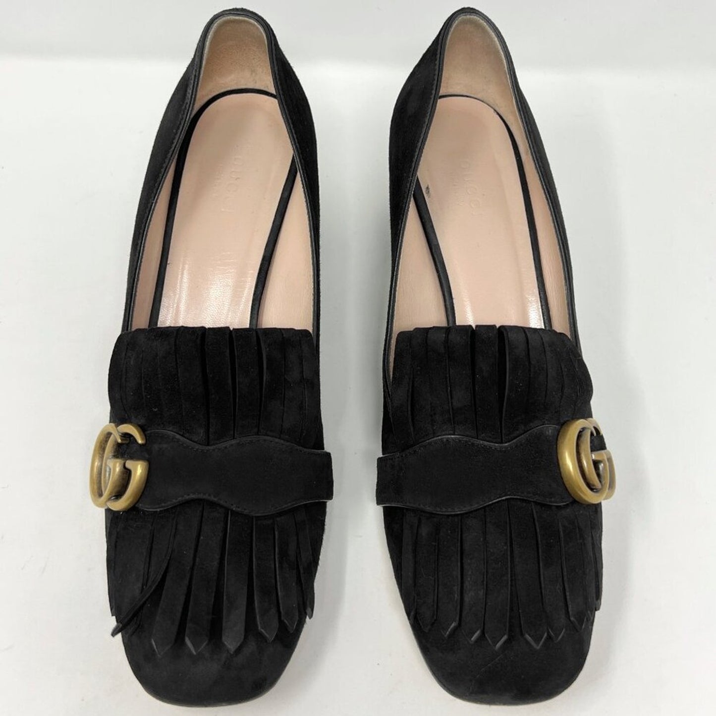 Gucci Black Suede Marmont Fringe Loafers, Gold GG Buckle, Block Heel – Size 40.5