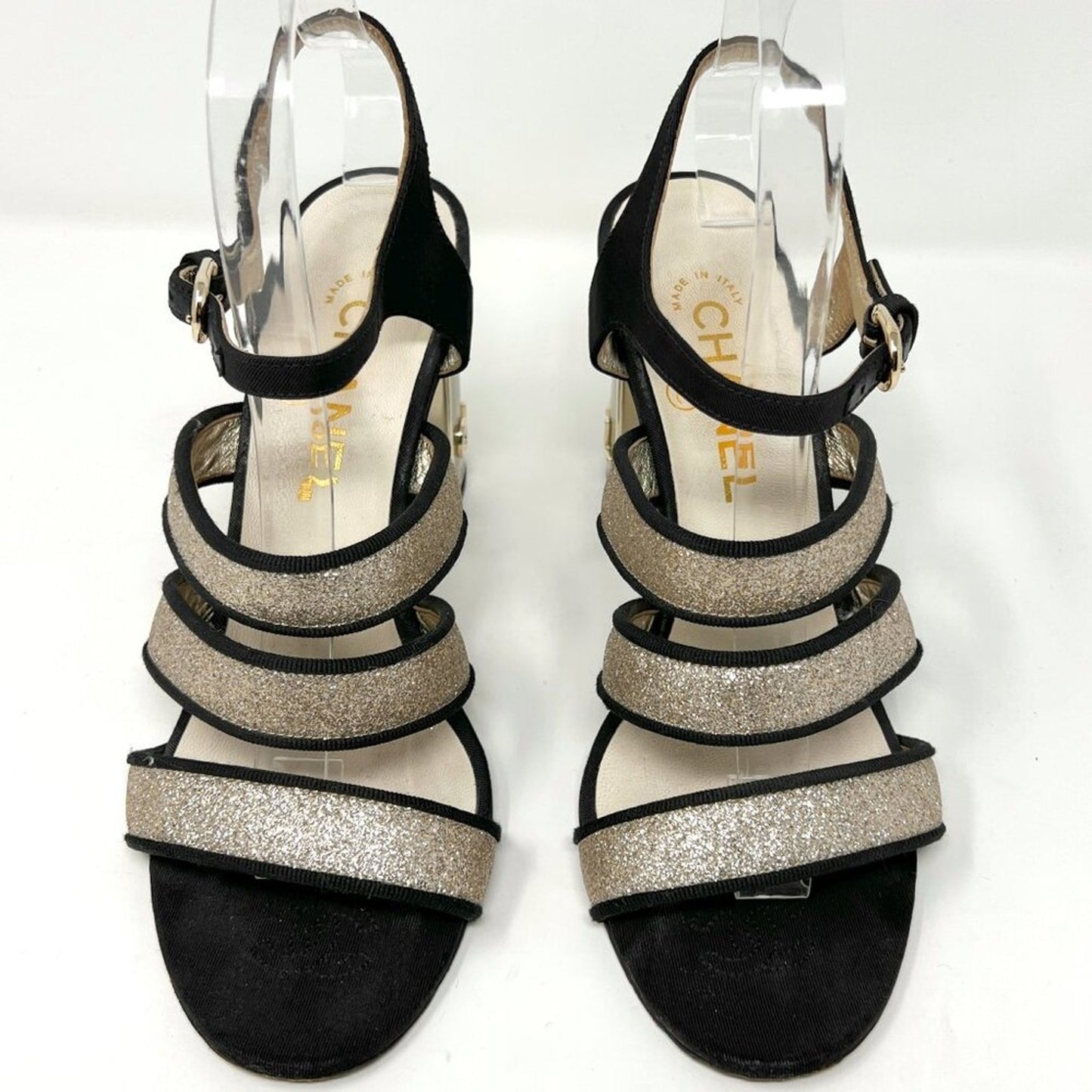 Chanel Gold Glitter Strappy Sandals with Iconic Metal Logo Heel Size EU 38