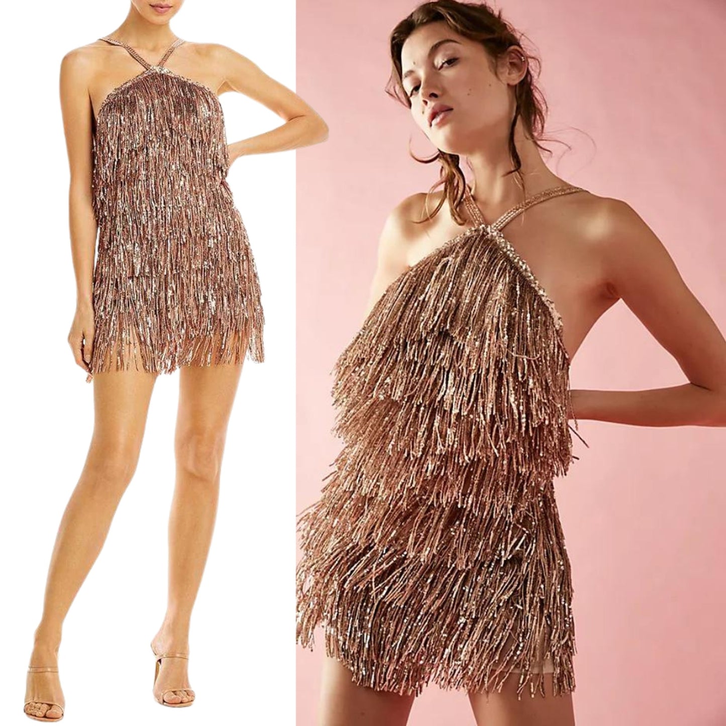 Bronx and Banco Isle Rose Gold Pink Sequin Fringe Metallic Mini Dress