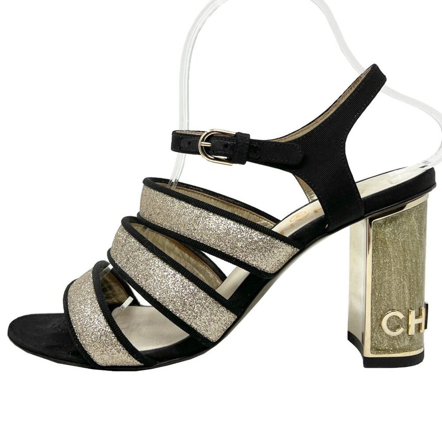 Chanel Gold Glitter Strappy Sandals with Iconic Metal Logo Heel Size EU 38