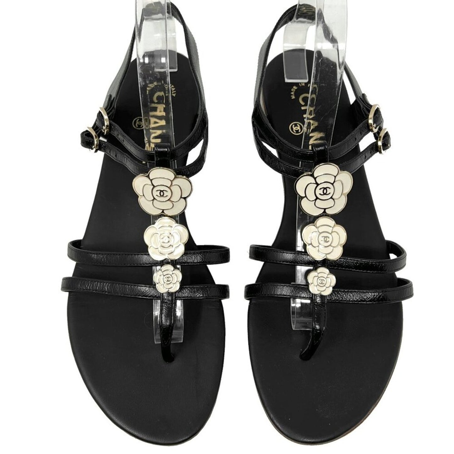 Chanel Black Leather Gladiator Strappy Enamel Flower Logo Flat Sandals