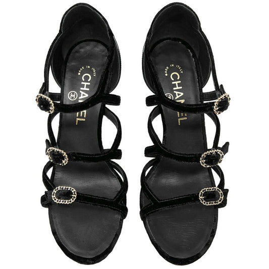 Chanel 2017 Cruise Collection Black Velvet Patent Leather Gold Buckle Sandals