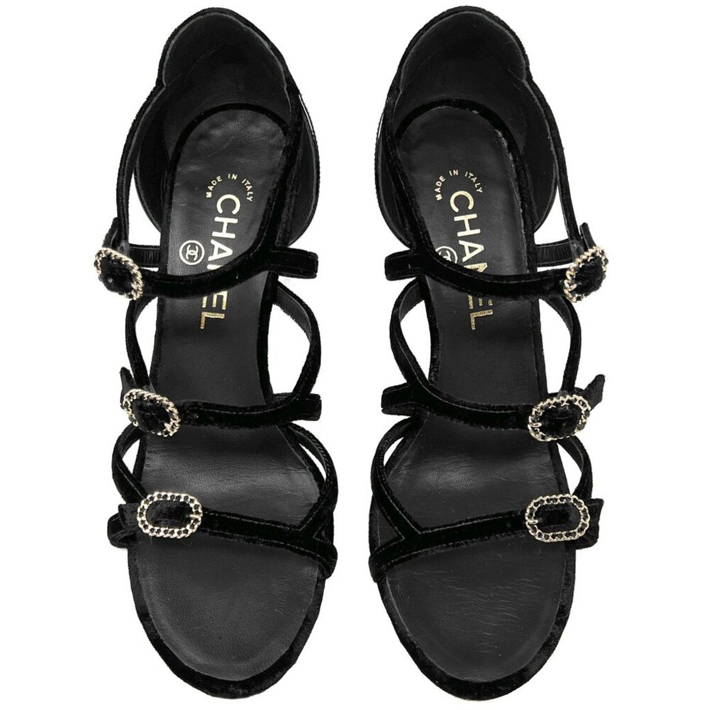 Chanel Black Velvet & Patent Leather Buckle Strappy Sandals – Size 37