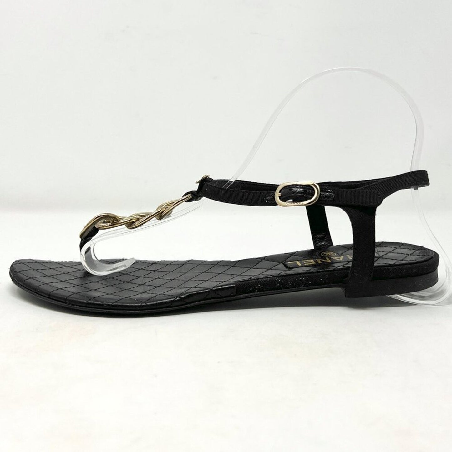 Chanel 09P Quilted Leather Gold Chain Thong Sandals Black Flat EU 38
