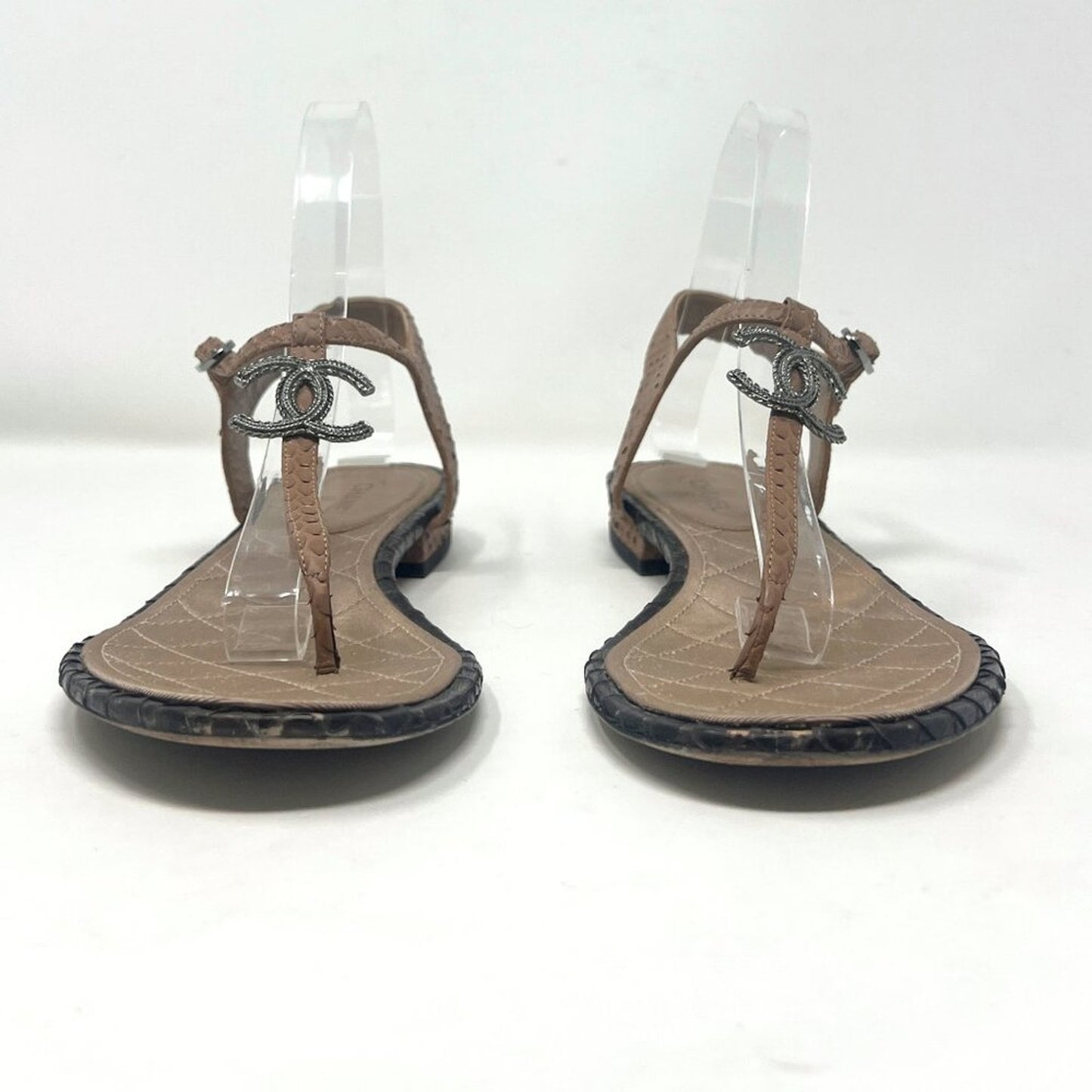 Chanel Python Leather CC Logo T-Strap Sandals Tan/Black EU39.5