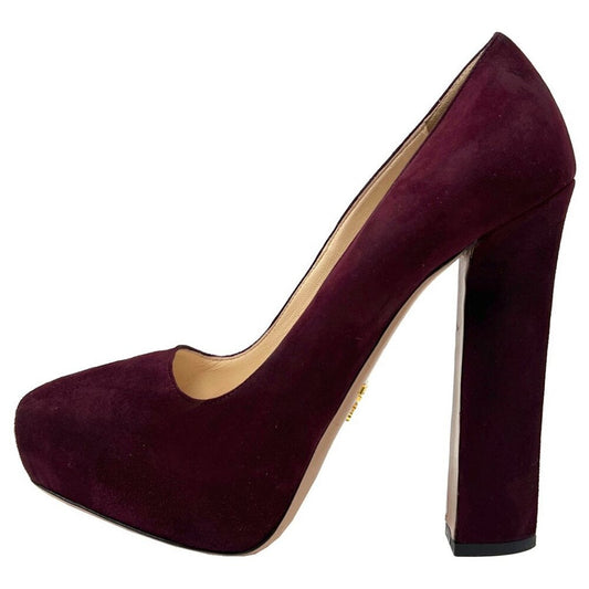 Prada Cherry Red  Suede Platform Square Toe Block Heel Pumps