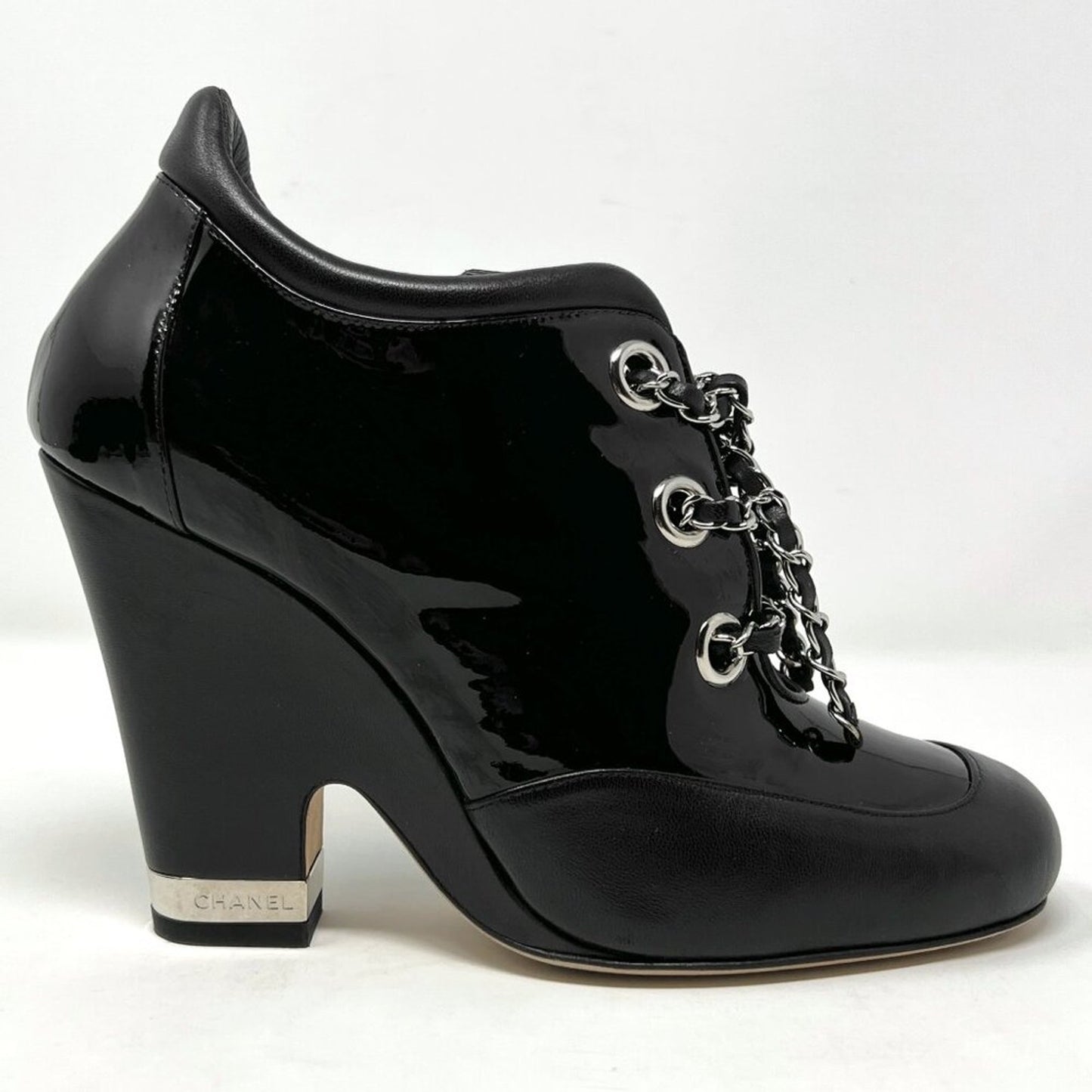Chanel Black Patent Chain Wedge Booties – Spring 2014 Size 38.5