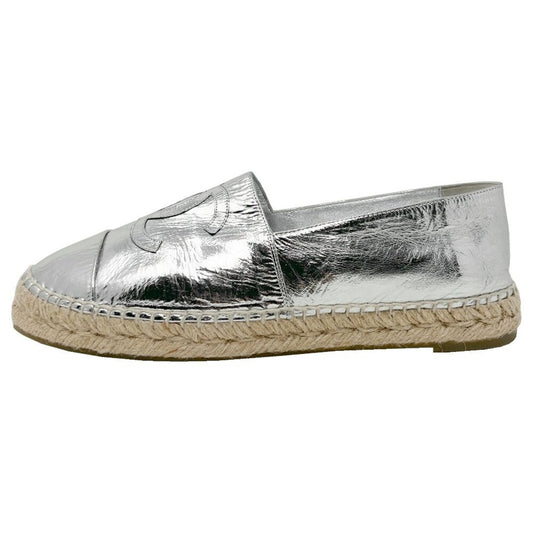 Chanel Cap Toe Logo Mirrored Silver Leather Espadrilles Flats