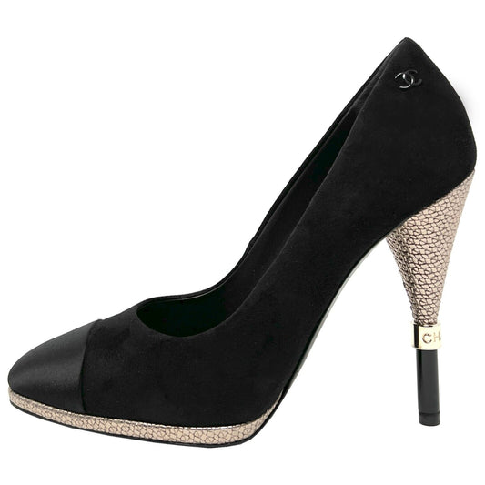 Chanel 2016 Collection Black Satin Cap Toe Suede Metal Logo Heels Pumps