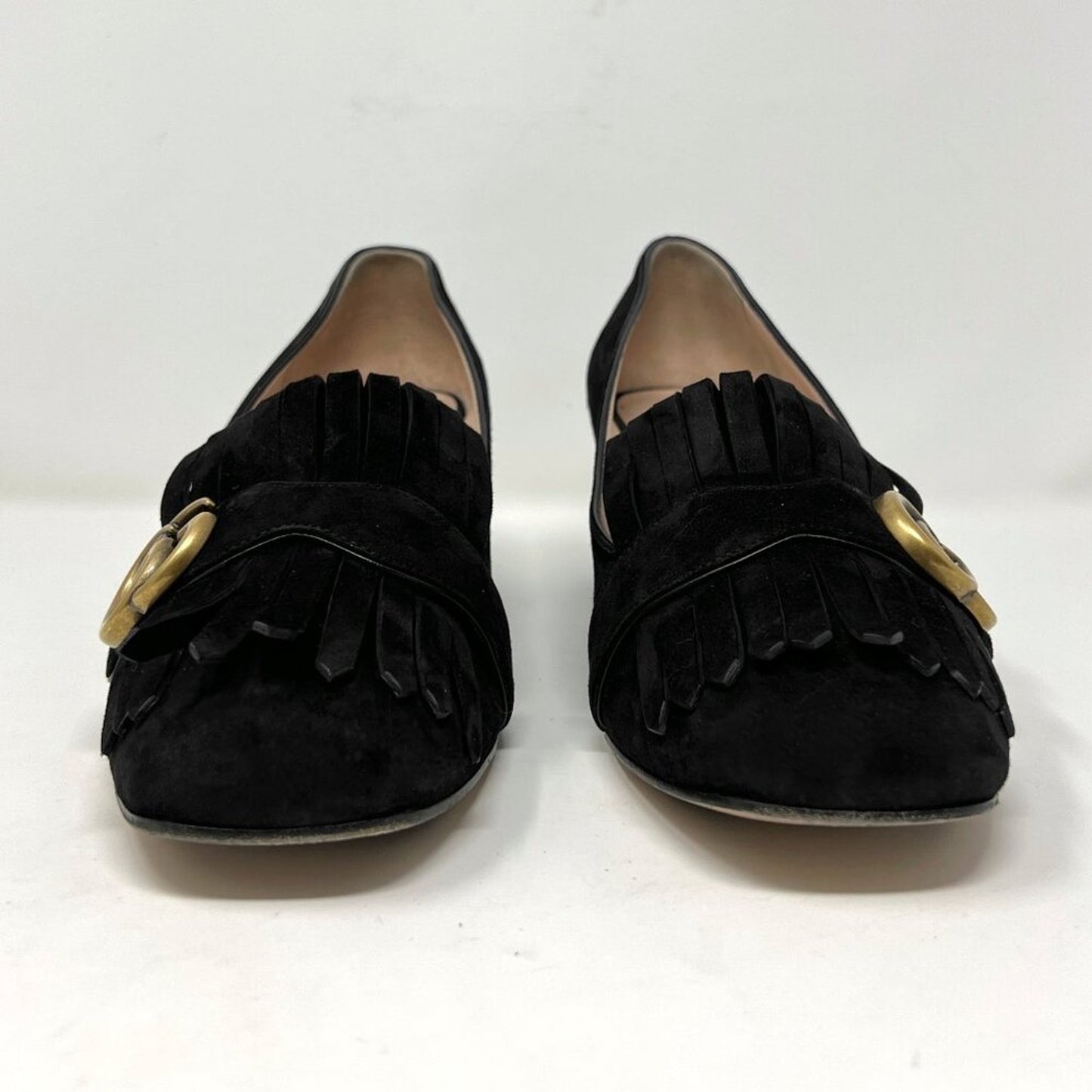 Gucci Black Suede Marmont Fringe Loafers, Gold GG Buckle, Block Heel – Size 40.5