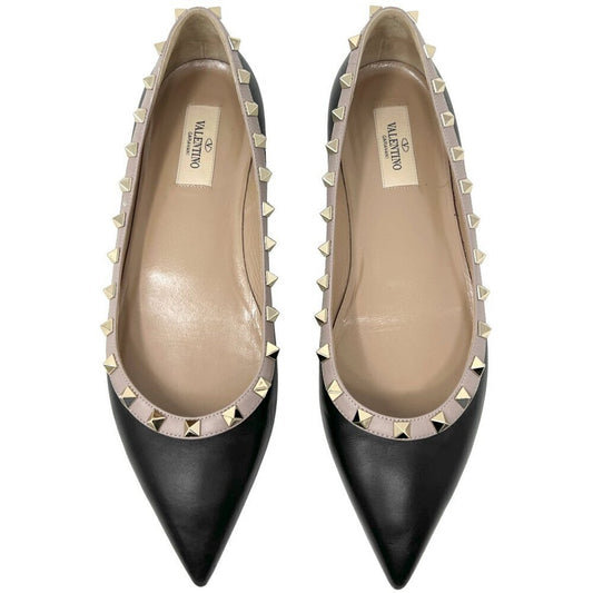 Valentino Rockstud Two-Tone Black Tan Leather Pointed Toe Flats