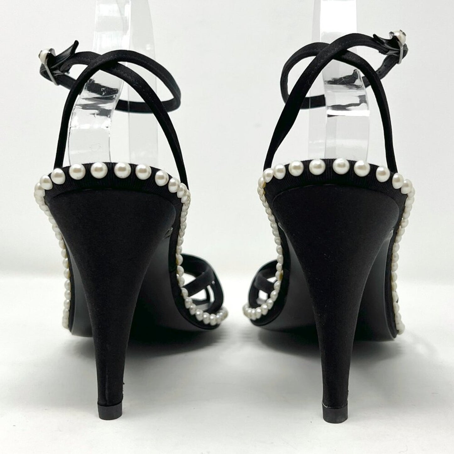Chanel Vintage Black Satin Pearl-Lined Strappy Sandals – Size 38.5