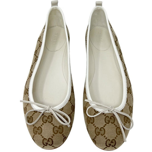 Gucci Brown Logo Monogram Miro Soft Supreme Canvas White Leather Ballet Flats