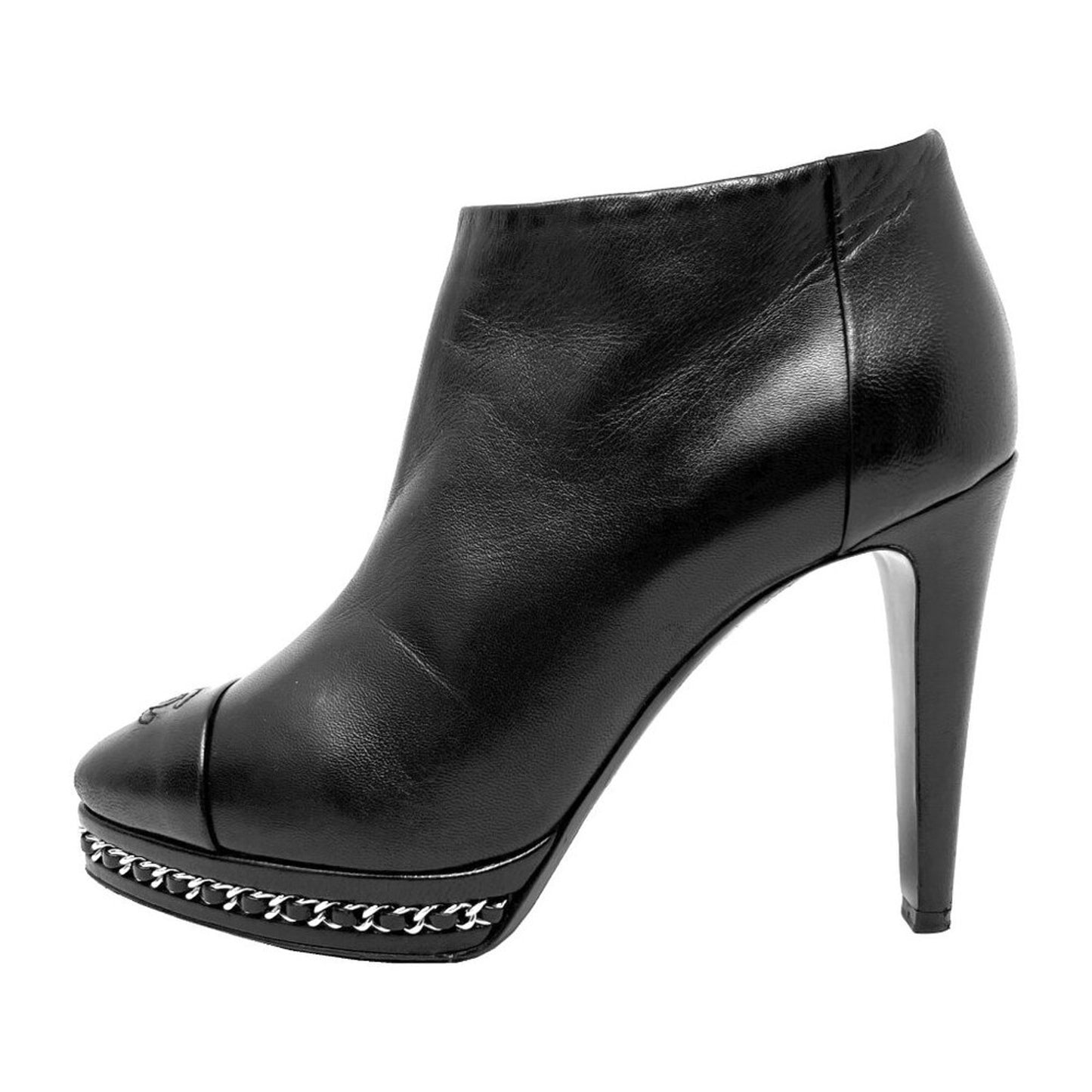 Chanel Black Leather Chain Heel Booties EU 38 CC Cap Toe Ankle Boots