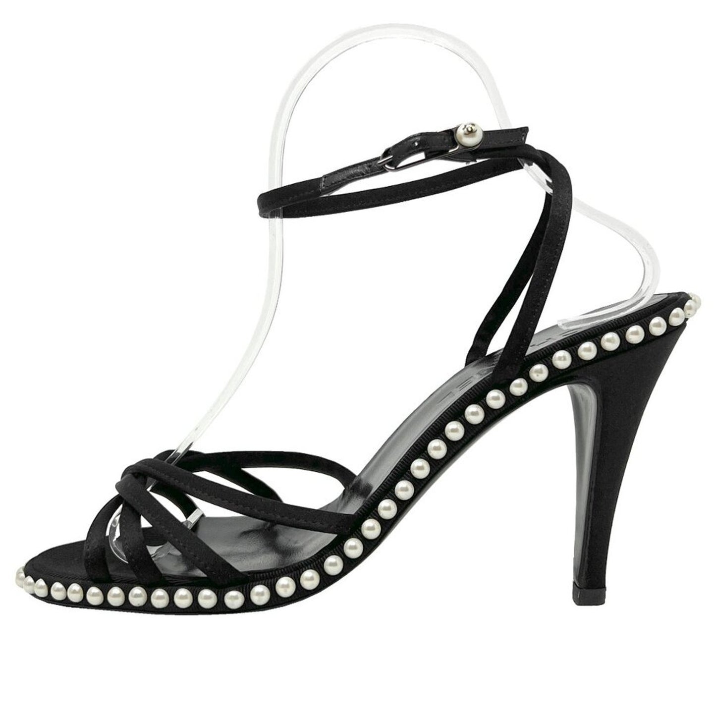 Chanel Vintage Black Satin Pearl-Lined Strappy Sandals – Size 38.5