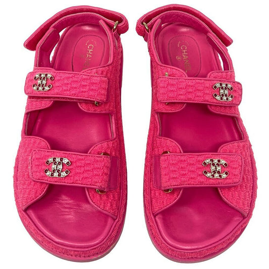 Chanel Hot Pink Logo Fabric Double Strap Dad Flat Sandals