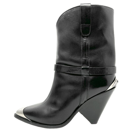 Isabel Marant Lamsy Black Leather Metal Pointed Western Mid Calf Heeled Boots