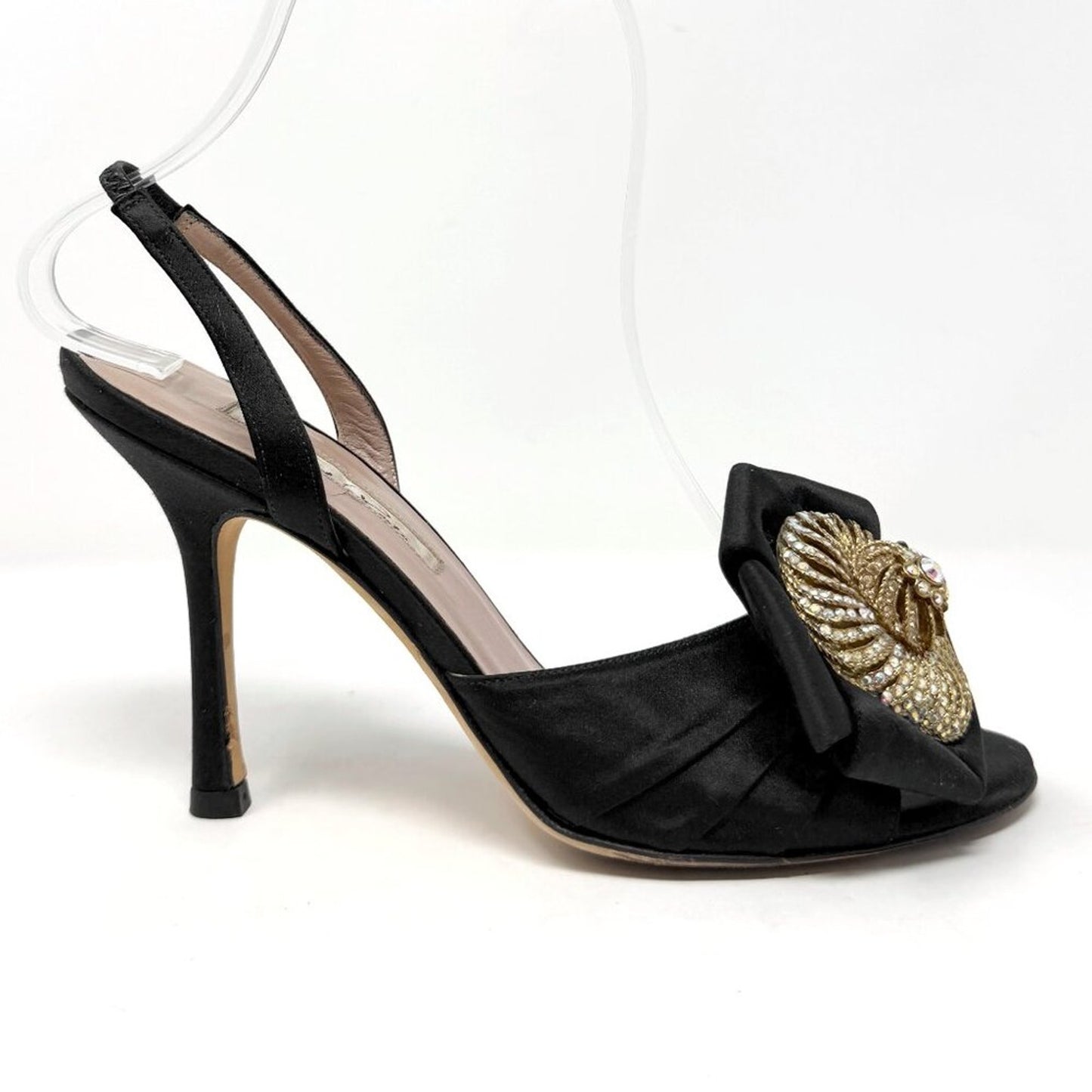 Oscar de la Renta Black Satin Crystal Bow Slingback Heels 36.5