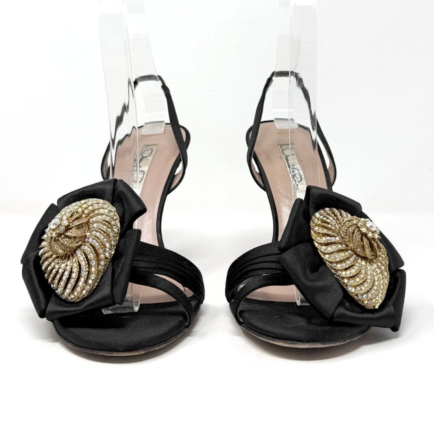 Oscar de la Renta Black Satin Crystal Bow Slingback Heels 36.5