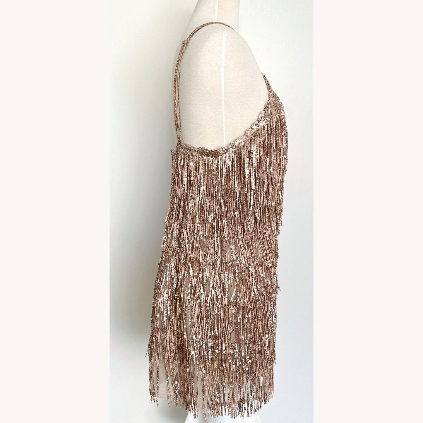 Bronx and Banco Isle Rose Gold Pink Sequin Fringe Metallic Mini Dress