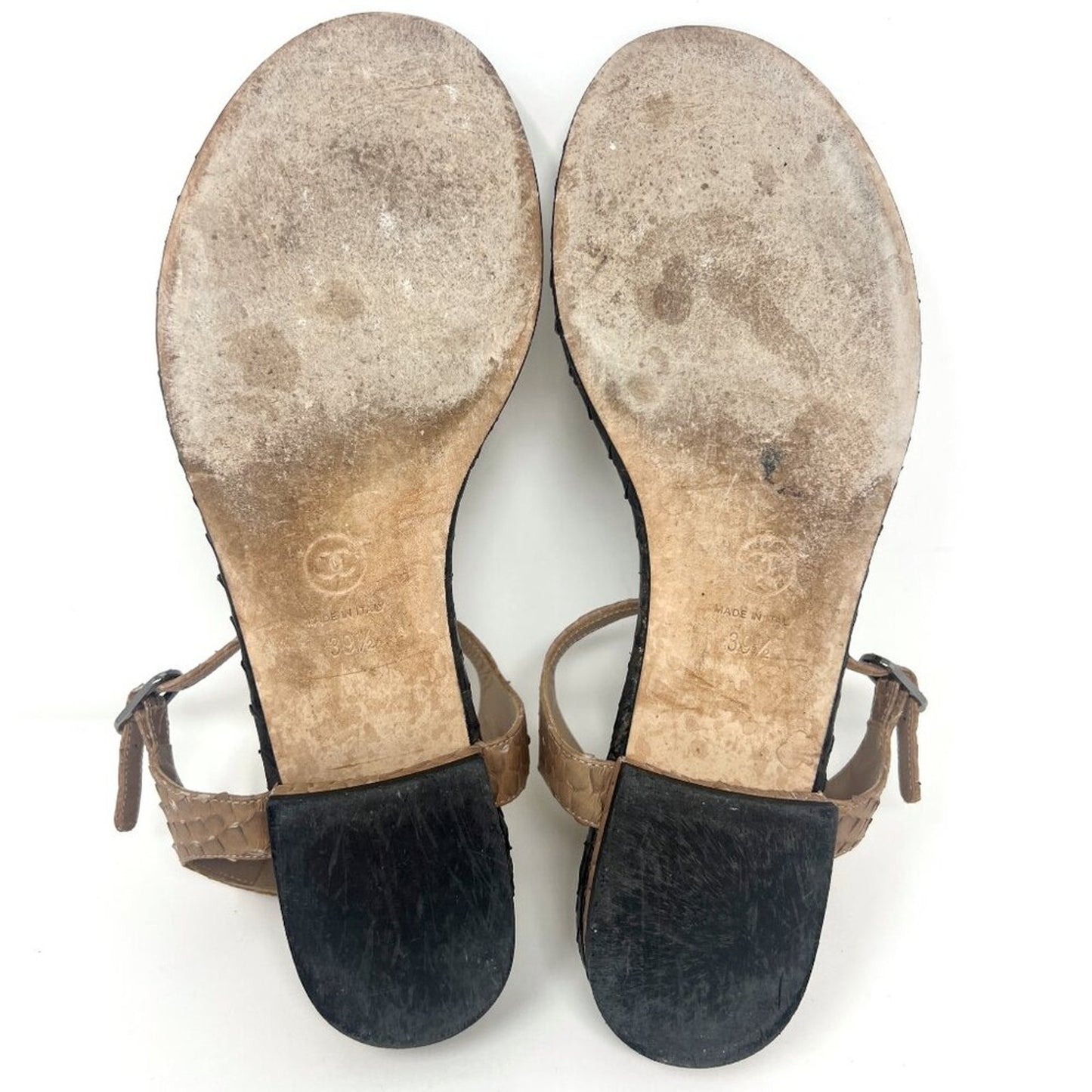 Chanel Python Leather CC Logo T-Strap Sandals Tan/Black EU39.5