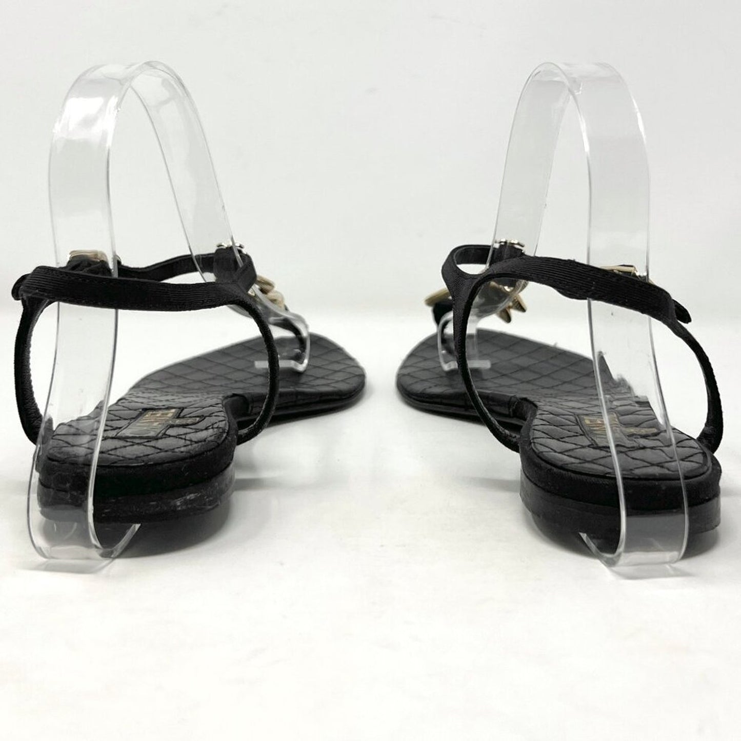 Chanel 09P Quilted Leather Gold Chain Thong Sandals Black Flat EU 38