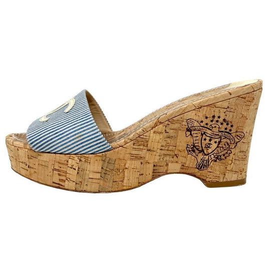 Chanel Blue White Striped Logo Slip On Cork Wedge Platform Mules Sandals