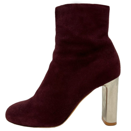 Celine Dark Cherry Suede Mid-Calf Boots with Silver Block Heel
