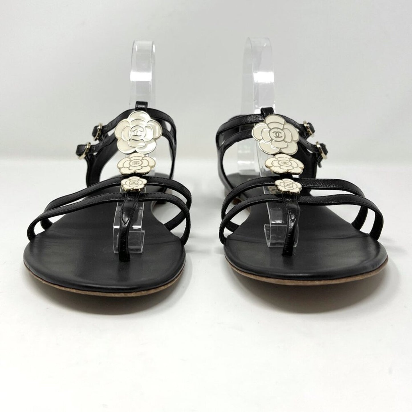 Chanel Black Leather Gladiator Strappy Enamel Flower Logo Flat Sandals