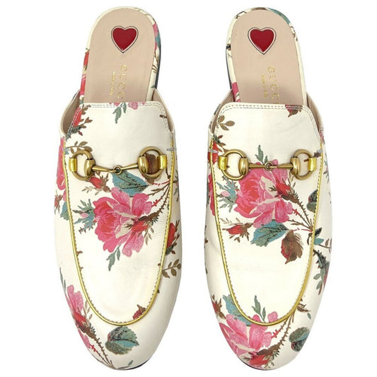 Gucci Princetown Beige Leather Floral Print Horsebit Loafer Mules Flats