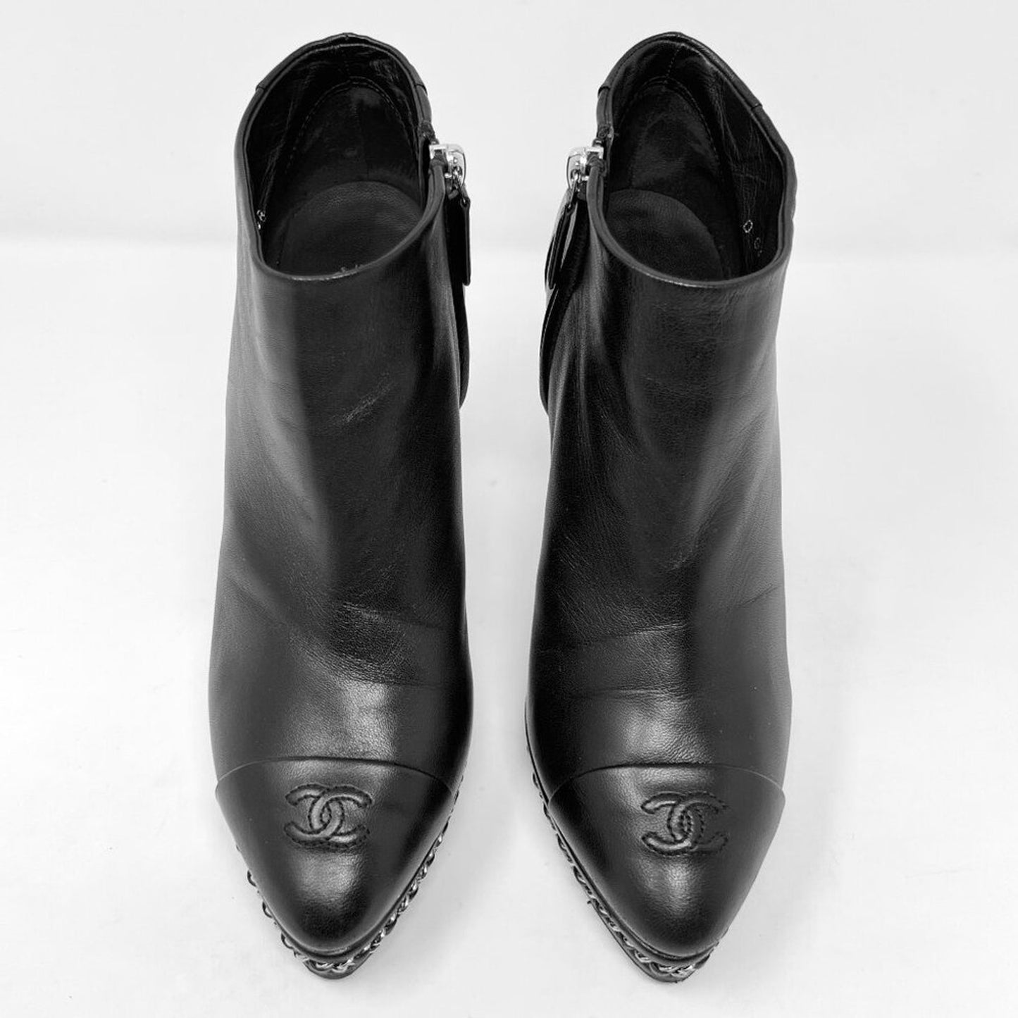 Chanel Black Leather Chain Heel Booties EU 38 CC Cap Toe Ankle Boots