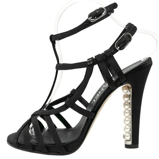 Chanel Grosgrain Black Strappy Gladiator Caged Peep Toe Pearl High Heels Sandals