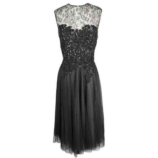 Reem Acra 2015 Pre-Fall Black Lace Sequin Bodice Tulle Midi Dress