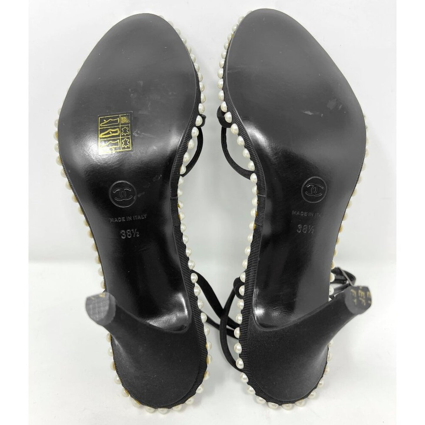 Chanel Vintage Black Satin Pearl-Lined Strappy Sandals – Size 38.5
