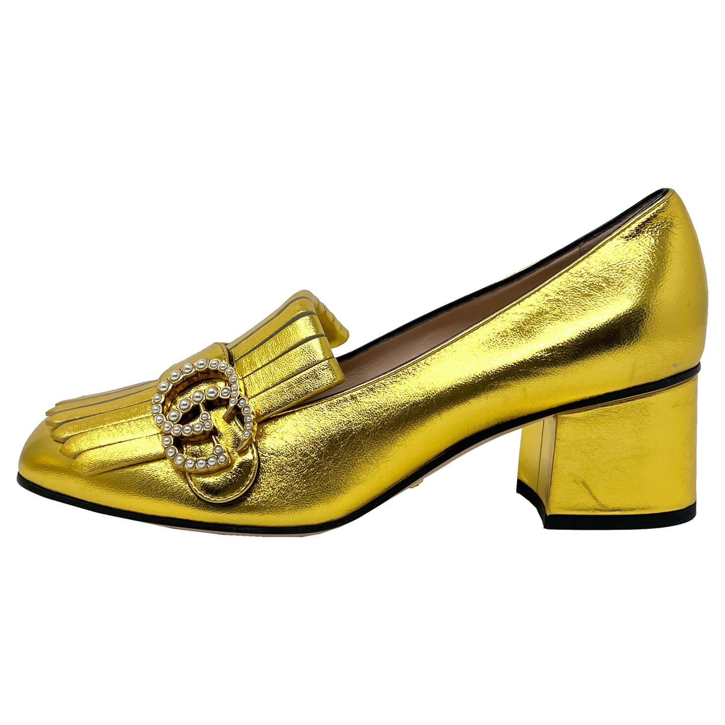 Gucci Kiltie Gold Metallic Leather Marmont Pearl Logo Fringe Block Heel Loafers Pumps