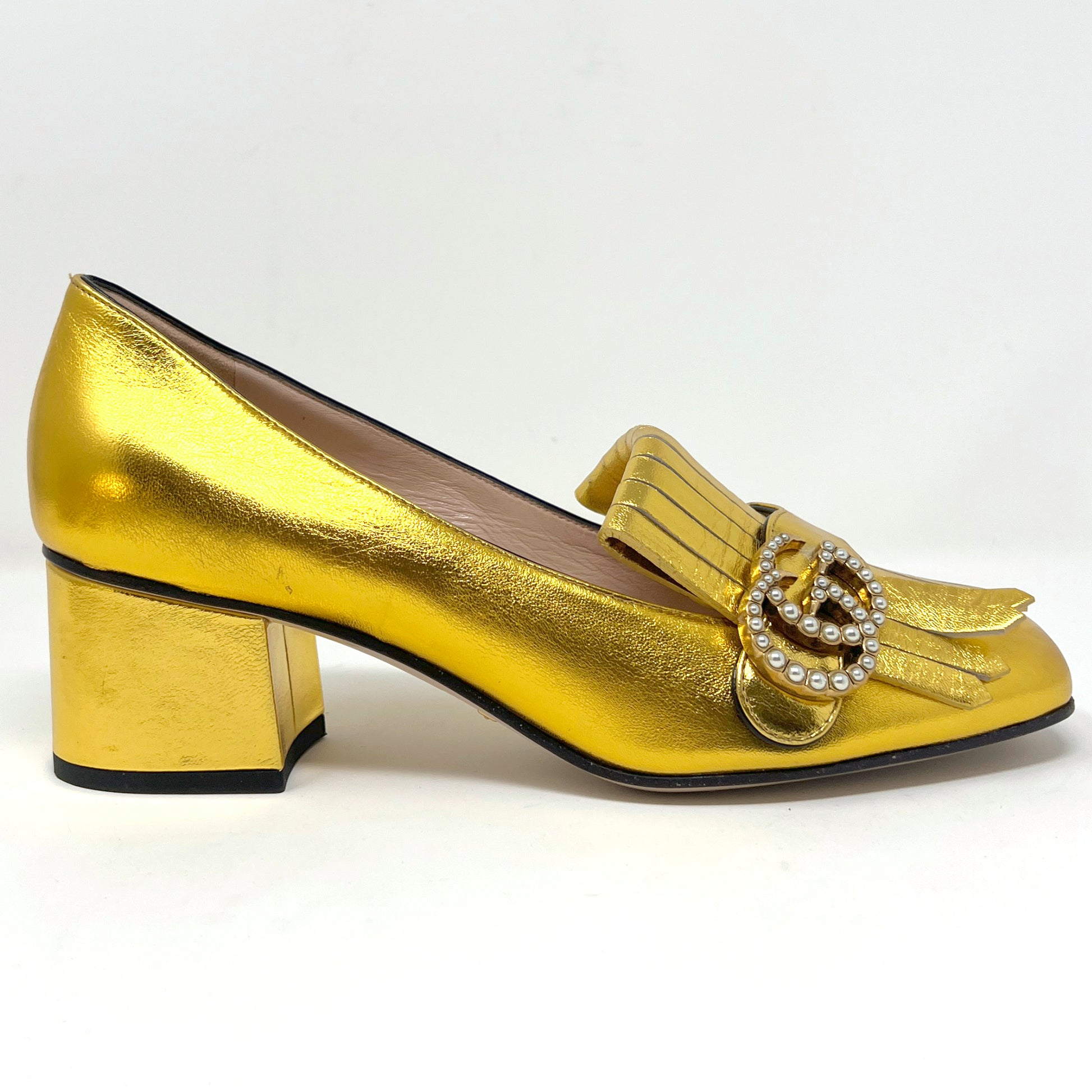 Gucci Kiltie Gold Metallic Leather Marmont Pearl Logo Fringe Block Heel Loafers Pumps
