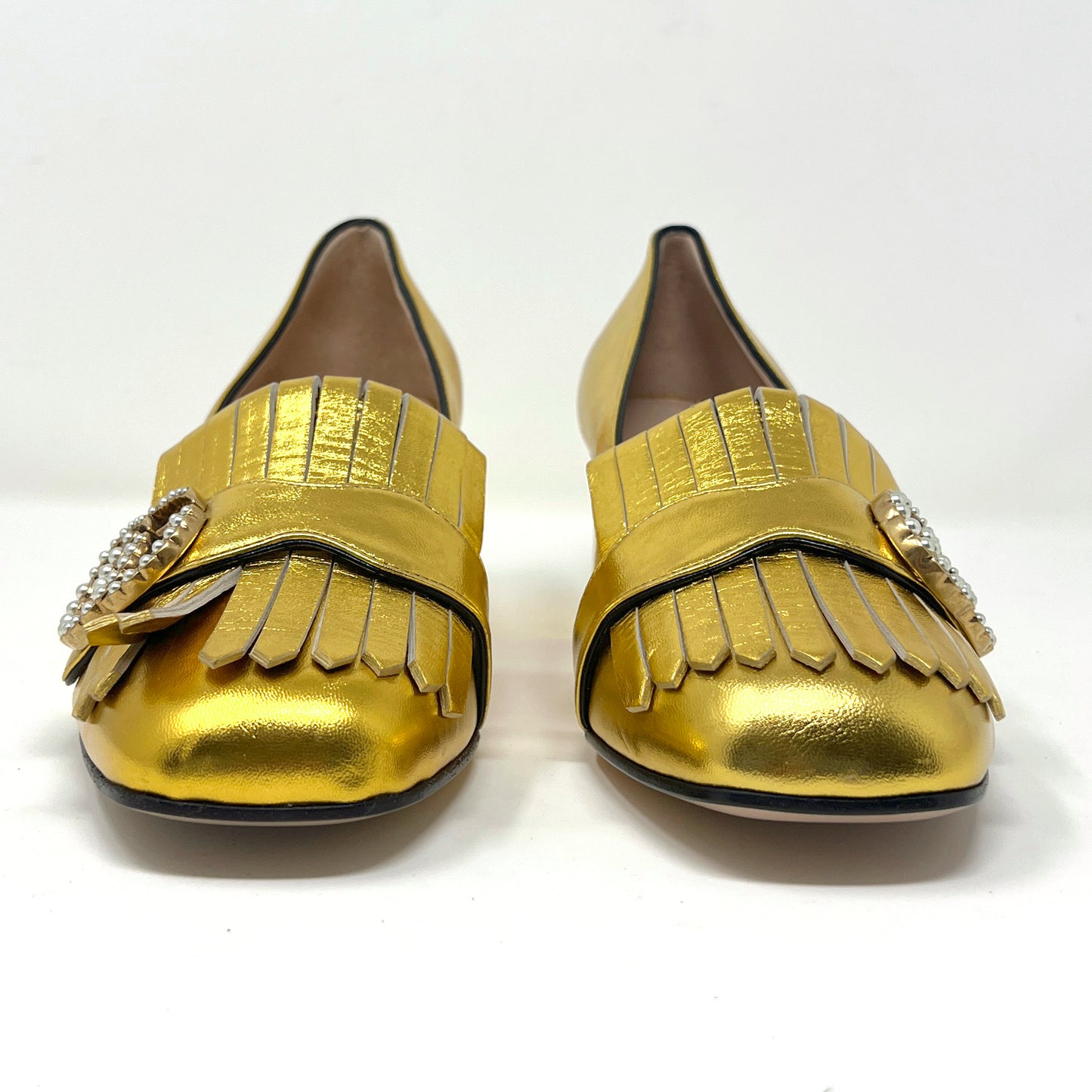 Gucci Kiltie Gold Metallic Leather Marmont Pearl Logo Fringe Block Heel Loafers Size EU 37.5