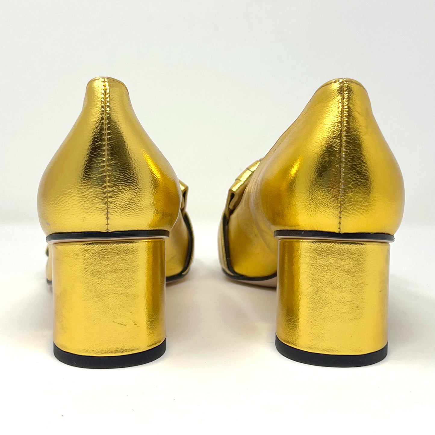 Gucci Kiltie Gold Metallic Leather Marmont Pearl Logo Fringe Block Heel Loafers Size EU 37.5