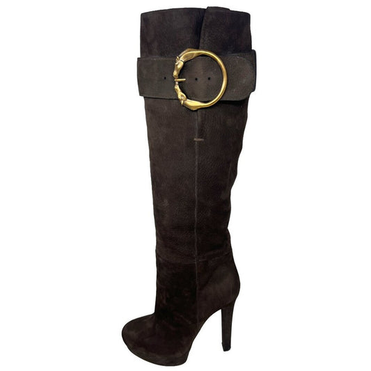 Gucci Brown Suede Tall Boots with Gold Horsebit Hardware Buckle