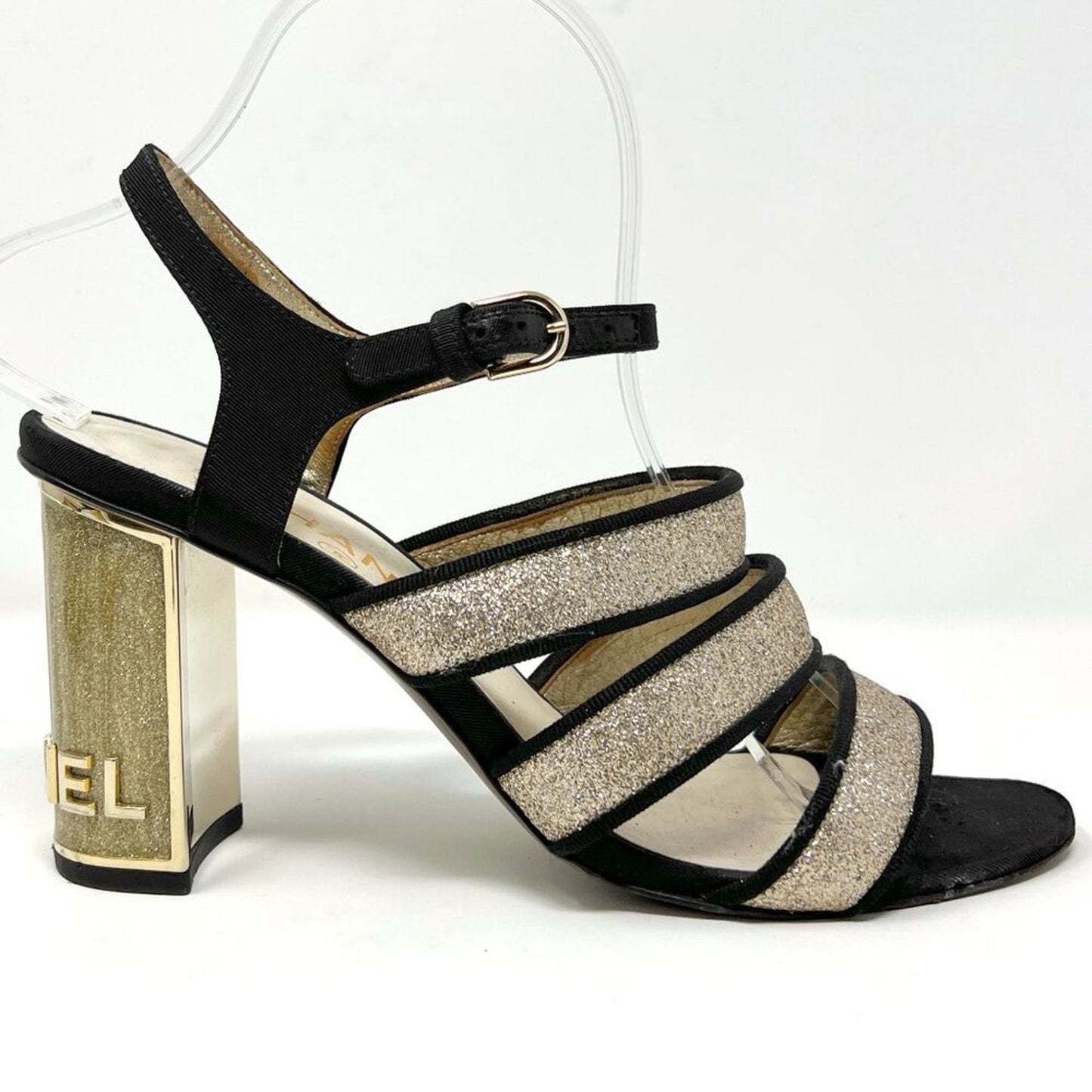 Chanel Gold Glitter Strappy Sandals with Iconic Metal Logo Heel Size EU 38