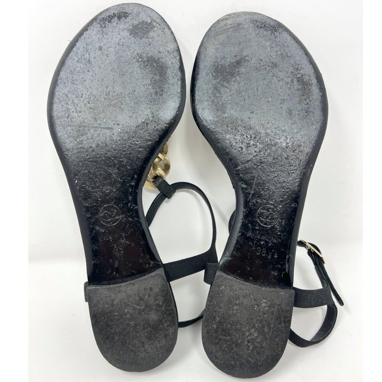 Chanel 09P Quilted Leather Gold Chain Thong Sandals Black Flat EU 38