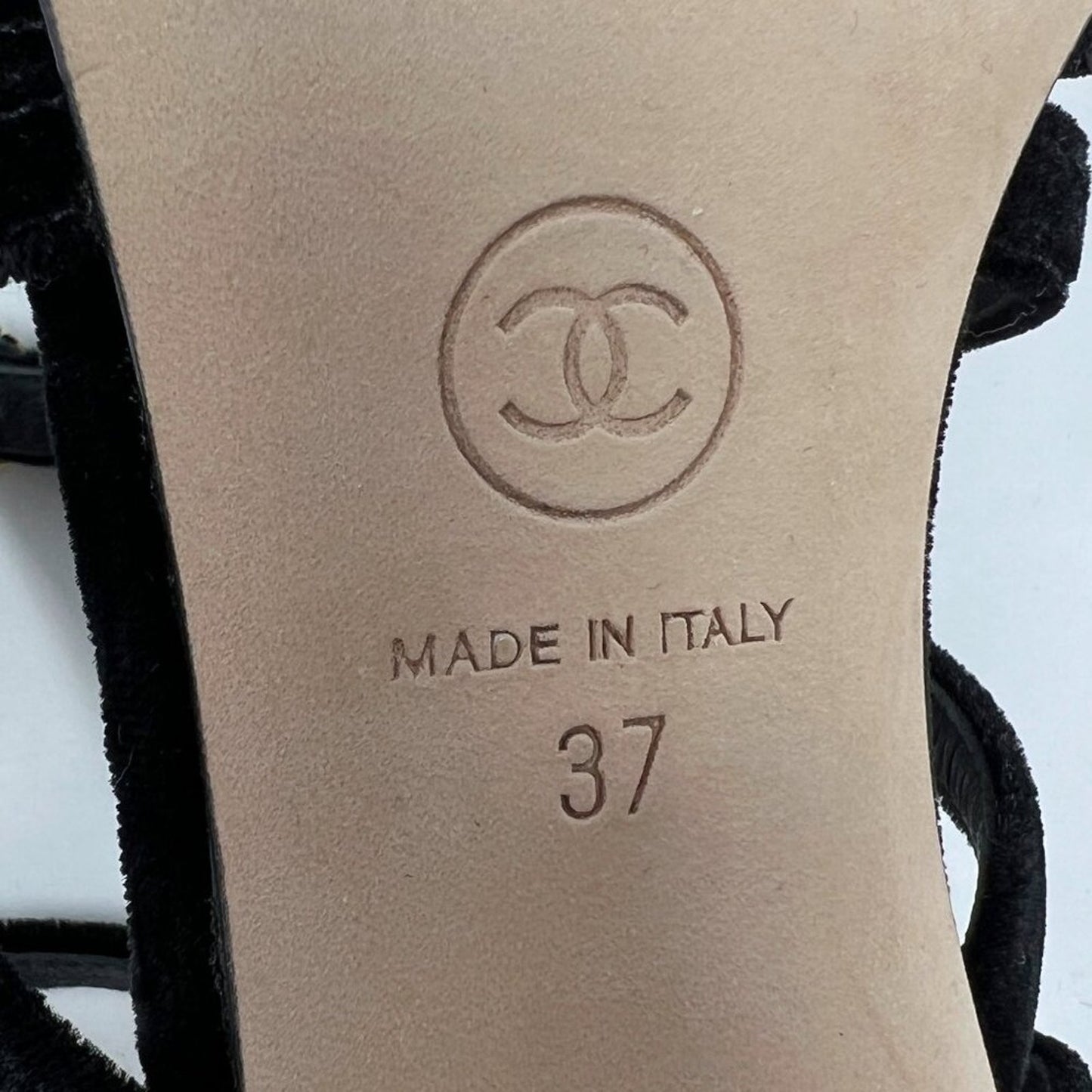 Chanel Black Velvet & Patent Leather Buckle Strappy Sandals – Size 37