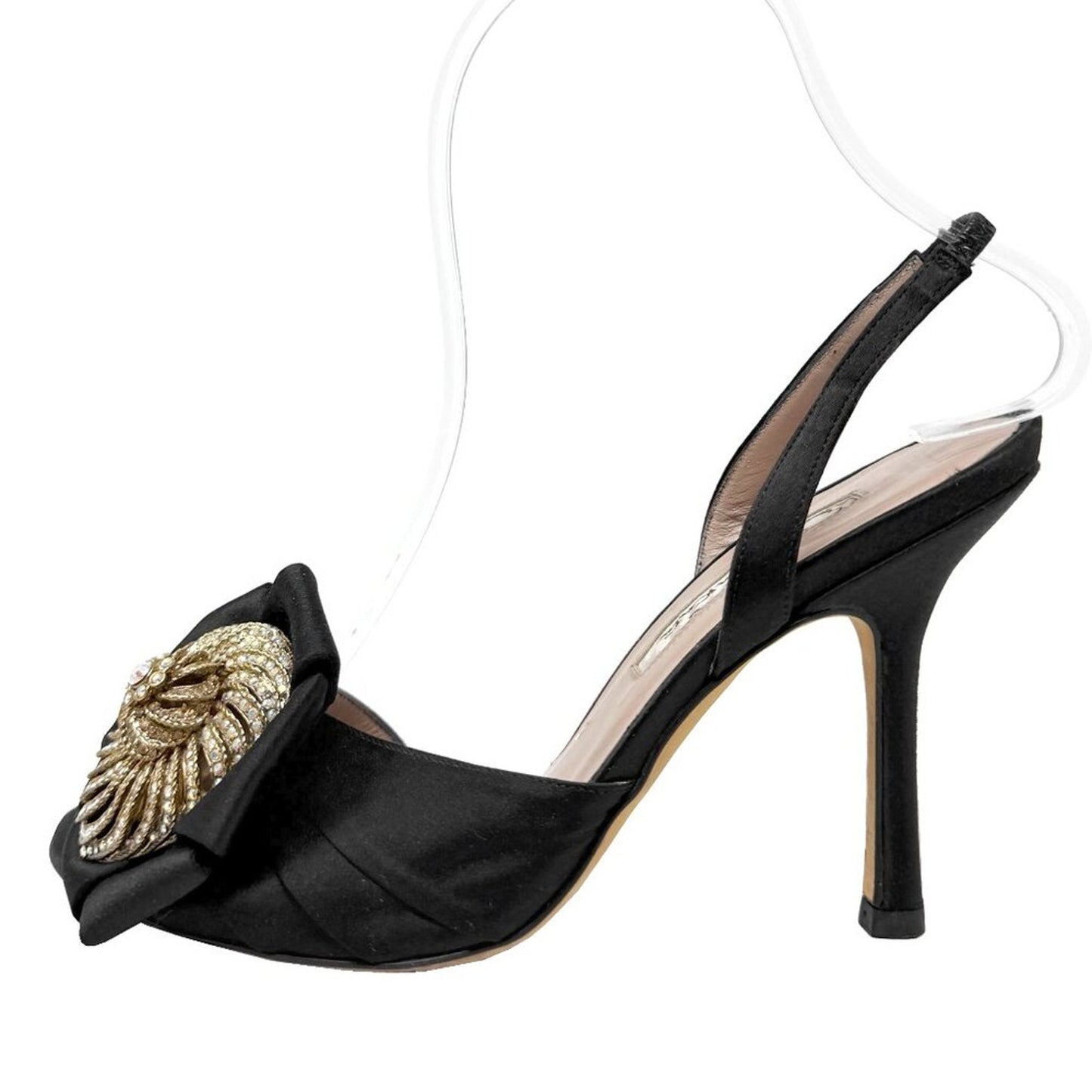 Oscar de la Renta Black Satin Crystal Bow Slingback Heels 36.5